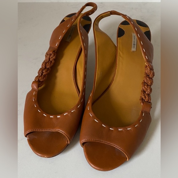 Max Studio Kylie 2 Cognac Leather Braided Slingback Open Peep Toe Heels Shoes 8 - Picture 3 of 9